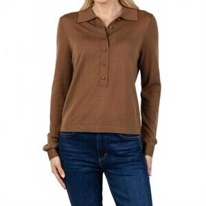 NEW WHITE + WARREN superfine merino polo top in burnt caramel